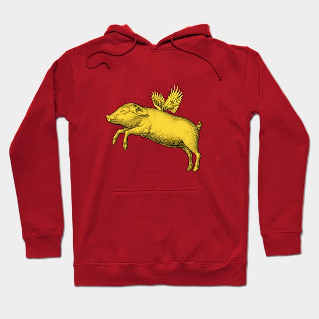 Trendy Flying Pig Yellow Vintage Engraving Farm Animal Wings Hoodie by ZAZIZU